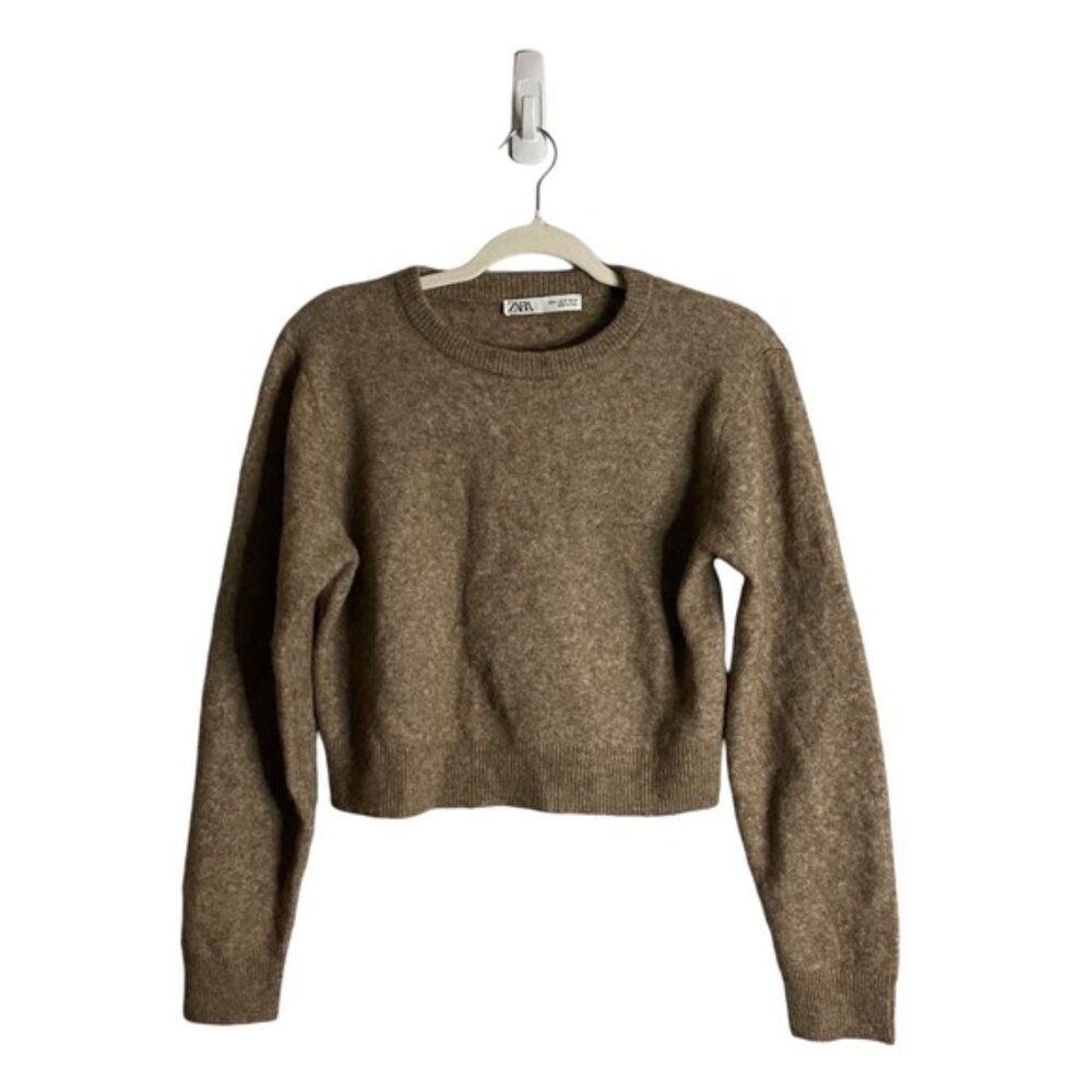 Zara Women's Tan Crewneck Crop Wool Knit Sweater